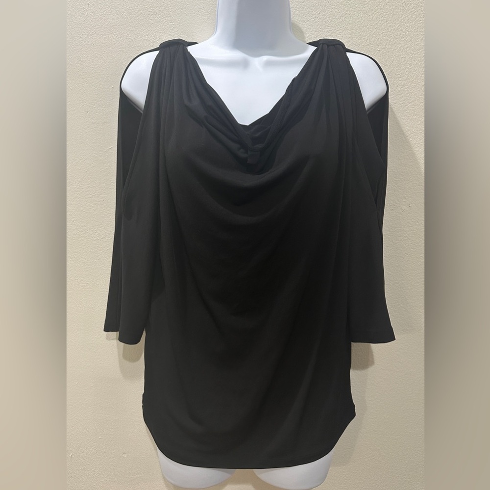 Jones New York Signature Cold Shoulder Pleated Scoop Neck Blouse Top Black M